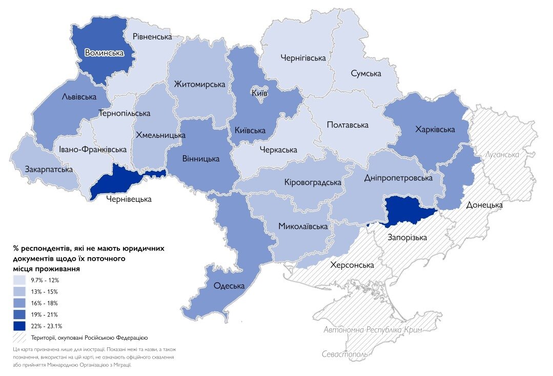 Частка респондентів, які повідомили про відсутність юридичних документів на підтвердження права на проживання в поточному житлі, за областями